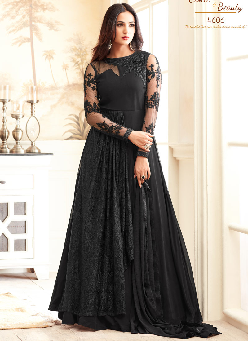 Indian Dresses Online Black Georgette Sonal Chauhan 4606 Gown Style Anarkali By Maisha SC 0053330 at suryavansicreation Salwar Suits