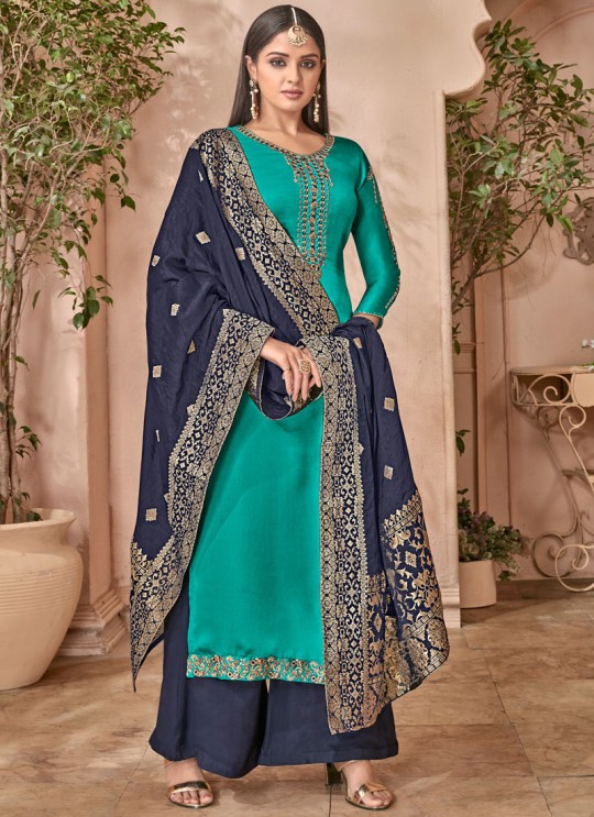 Teal Green Satin Georgette Maskeen Silk Vol 2 6503 By Maisha Palazzo Suit SC/013001
