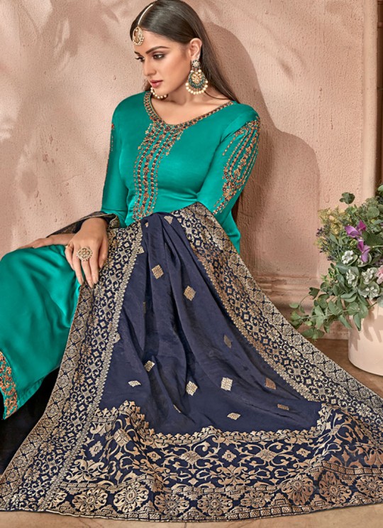 Teal Green Satin Georgette Maskeen Silk Vol 2 6503 Set By Maisha Palazzo Suit SC/012998