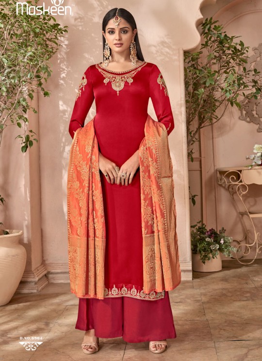 Red Satin Georgette Maskeen Silk Vol 2 6504 By Maisha Palazzo Suit SC/013002