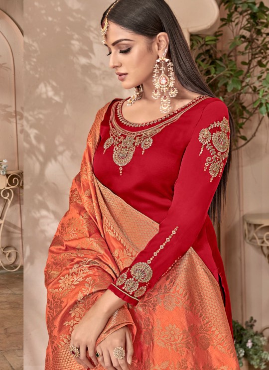 Red Satin Georgette Maskeen Silk Vol 2 6504 Set By Maisha Palazzo Suit SC/012998