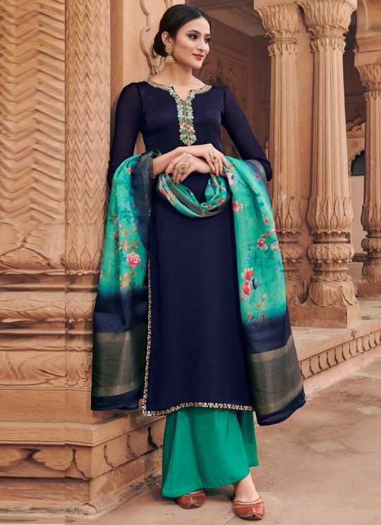 Blue Satin Georgette Maskeen Silk Vol 3 6602 By Maisha Palazzo Suit  SC/013427