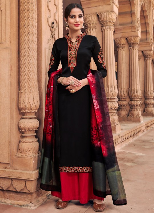 Black Satin Georgette Maskeen Silk Vol 3 6603 By Maisha Palazzo Suit SC/013428