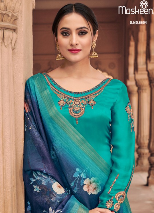 Teal Blue Satin Georgette Maskeen Silk Vol 3 6604 By Maisha Palazzo Suit SC/013429