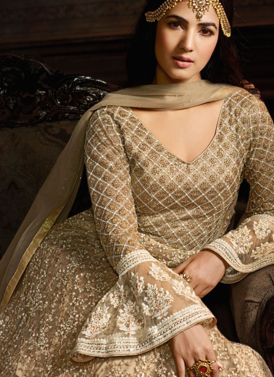 Beige Net Floor Length Anarkali Suit For Wedding Ceremony Aafreen Vol 3 7601 By Maisha SC/016621