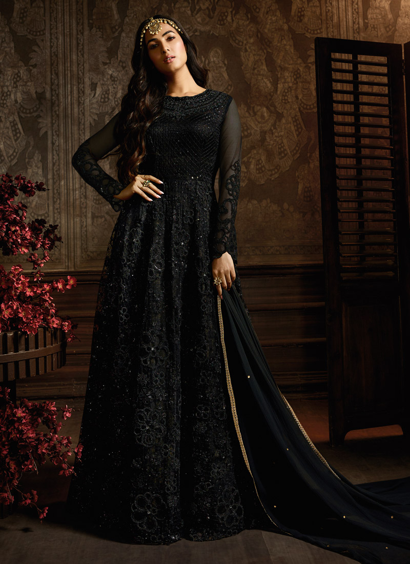 Designer Anarkali Suits- Black Net Floor Length Anarkali Suit For Wedding  Ceremony Aafreen Vol 3 7605 By Maisha SC/016625