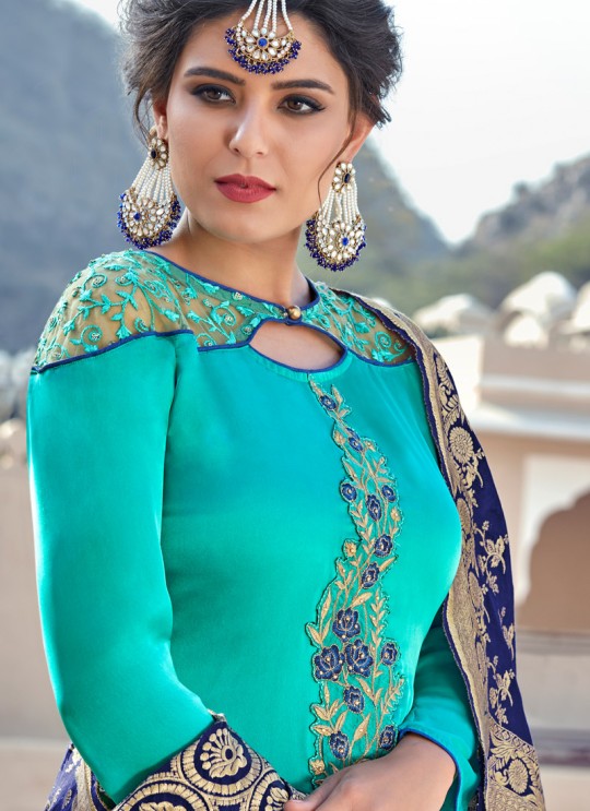 Turquoise Party Wear Straight Cut Suits Banarsi Silk Harleen 7804 By Maisha SC/016032