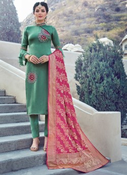 Green Party Wear Straight Cut Suits Banarsi Silk Harleen 7806 By Maisha SC/016034