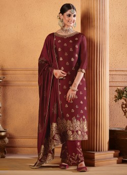 Party Wear Jacquard Palazzo Suit In Maroon  Hoor 8503 By Maisha MAI-8503