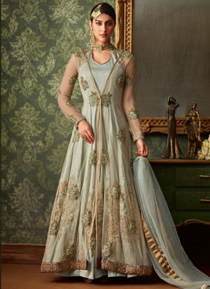 Shop Online Grey Net And Silk Wedding Wear Embroidered Floor