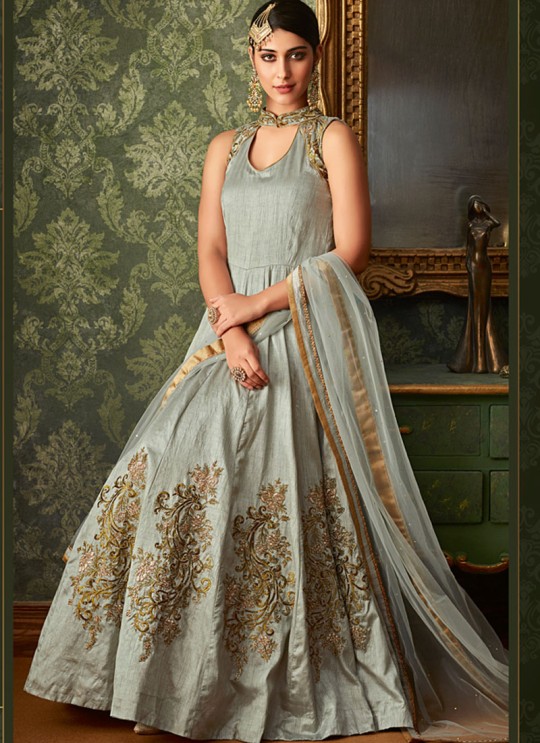 Grey Net And Silk Wedding Wear Embroidered Floor Length Anarkali Suit Queen Of Hearts 7105 Set By Maisha SC/015110