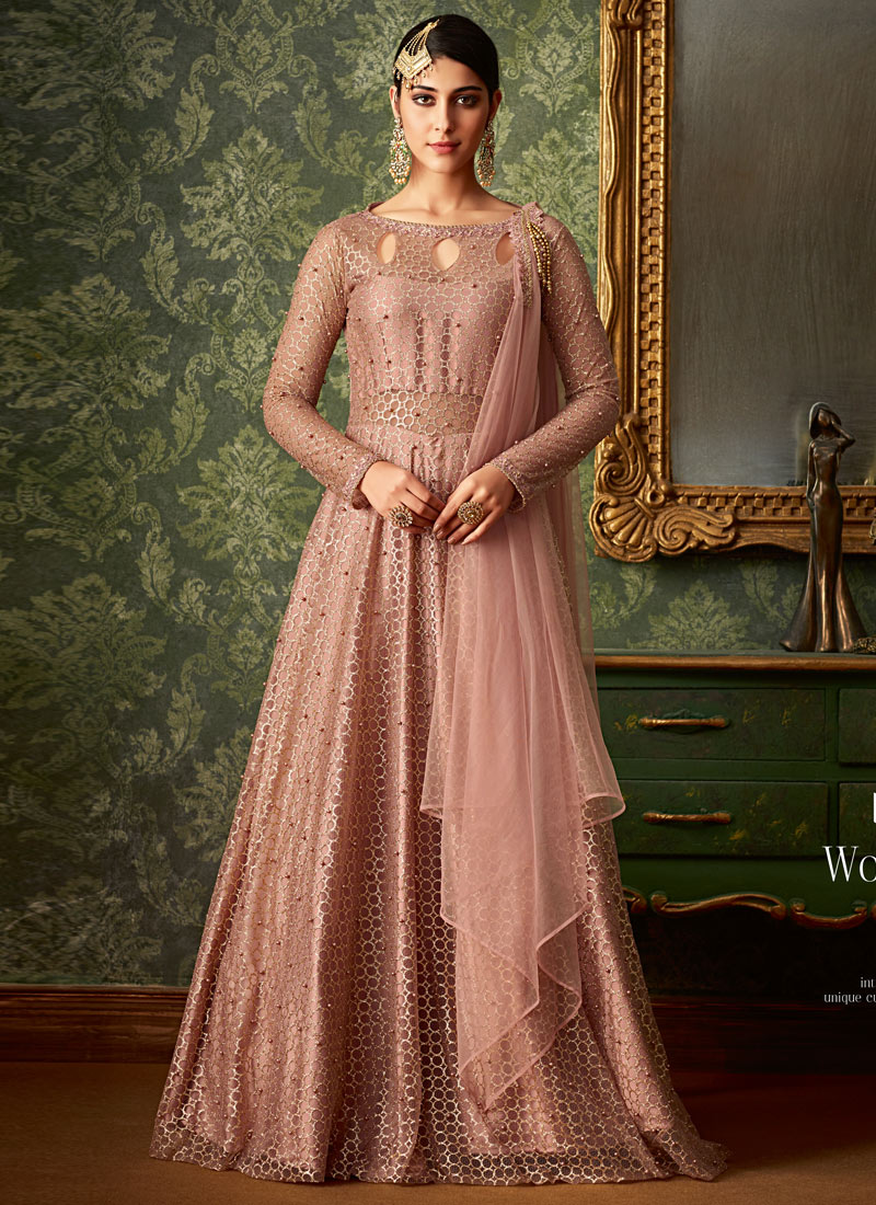 Buy Online Pink Jacquard Wedding Wear Embroidered Gown Style