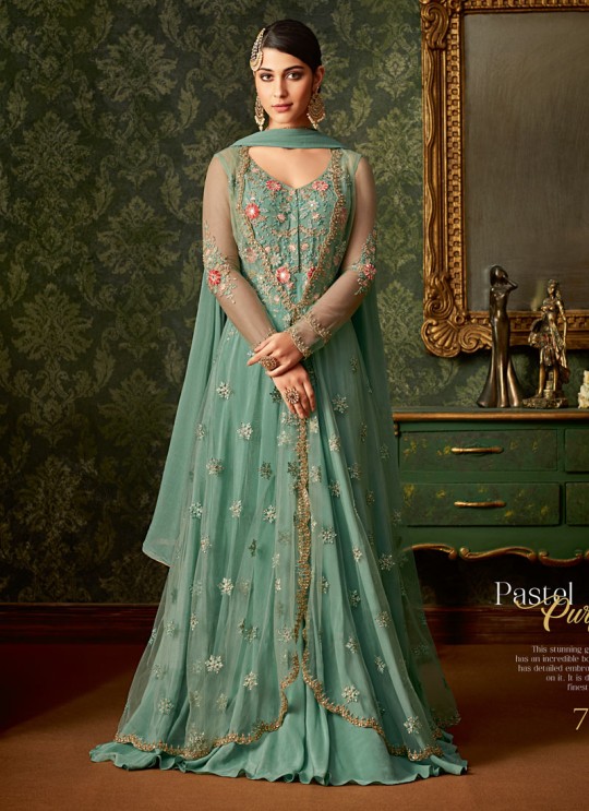 Sea Green Rangoli And Net Wedding Wear Embroidered Gown Style Anarkali Suit Queen Of Hearts 7107 Set By Maisha SC/015110