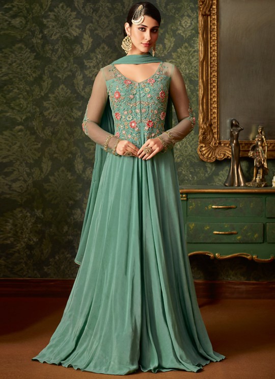 Sea Green Rangoli And Net Wedding Wear Embroidered Gown Style Anarkali Suit Queen Of Hearts 7107 By Maisha SC/015109
