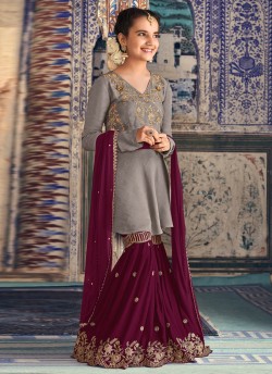 Grey Rangoli Georgette Mother & Daughter Wedding Wear Sharara Kameez Riwaayat Kids 6901 By Maisha Maskeen SC/014216