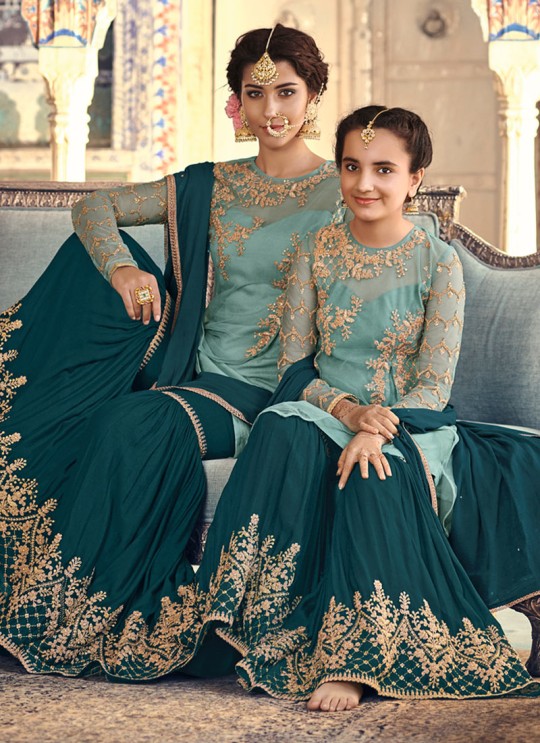 Ice Blue Net Mother & Daughter Wedding Wear Sharara Kameez Riwaayat Kids 6902 By Maisha Maskeen SC/014217