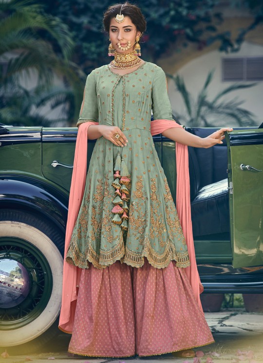 Pista Green Rangoli Georgette Mother & Daughter Wedding Wear Sharara Kameez Riwaayat 6905 By Maisha Maskeen SC/014213