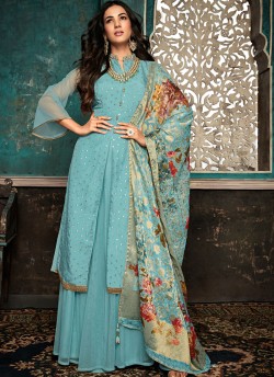Delightful Turquoise Pure Silk Gown Style Anarkali For Ceremony Sazia 7403 By Maisha SC/016179