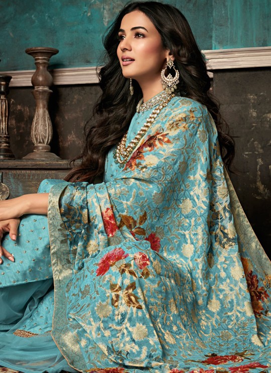 Delightful Turquoise Pure Silk Gown Style Anarkali For Ceremony Sazia 7403 By Maisha SC/016179