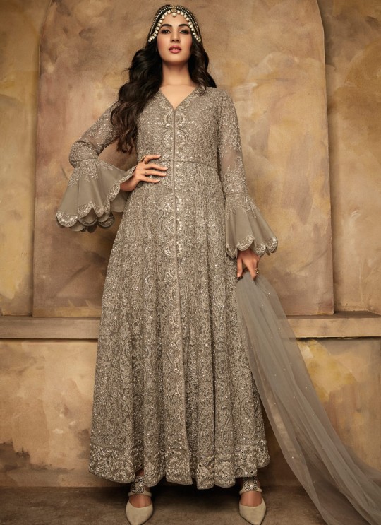 Gown Style Anarkali For Wedding Ceremony In Grey Color Net Aafreen Vol 2 7203 By Maisha SC/015414 Gown Style Anarkali For Wedding Ceremony In Grey Color Net Aafreen Vol 2 7203 By Maisha SC/015414