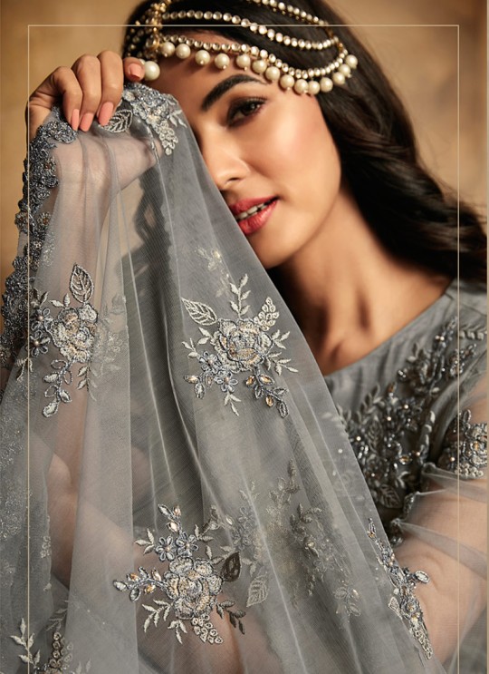 Trendy Net Gown Style Anarkali For Wedding Ceremony In Grey Color Aafreen Vol 2 7206 By Maisha SC/015417