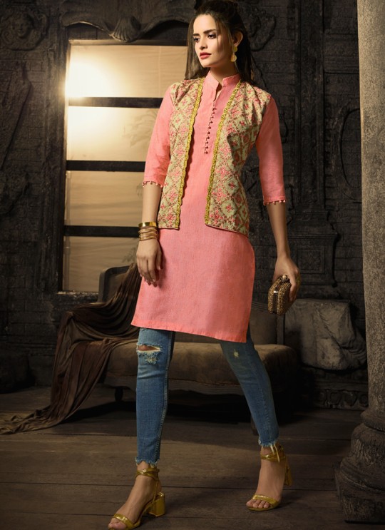 Peach Linen Cotton Party Wear Indo Western Kurti Meave 7902 By Maisha  SC/016321 Size L