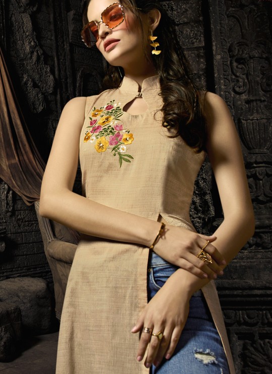 Beige Linen Cotton Party Wear Indo Western Kurti Meave 7903 By Maisha  SC/016324 Size XL