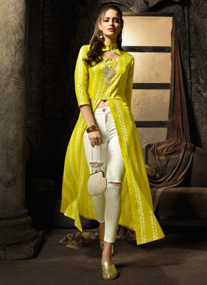 Buy Indo Western Festive Chandari Silk Kurti with Pant for Women (Cream,  XL) at Amazon.in