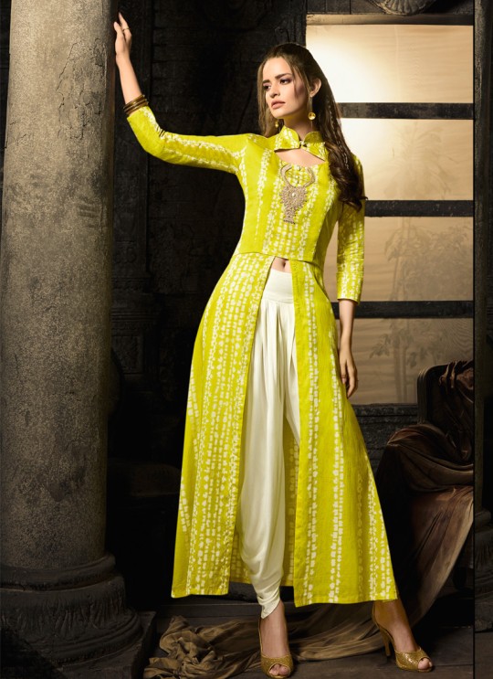 Yellow Cotton Satin Party Wear Indo Western Kurti Meave 7904 By Maisha  SC/016325 Size L