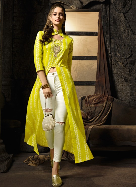 Yellow Cotton Satin Party Wear Indo Western Kurti Meave 7904 By Maisha  SC/016326 Size XL