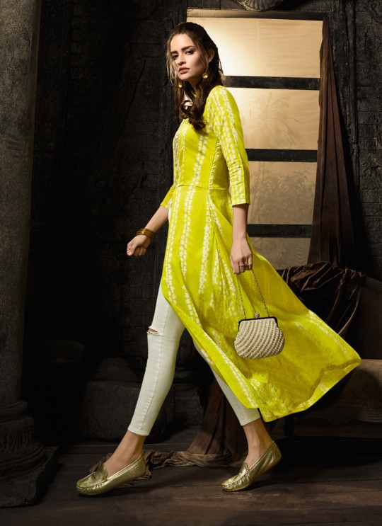 Yellow Cotton Satin Party Wear Indo Western Kurti Meave 7904 By Maisha  SC/016325 Size L