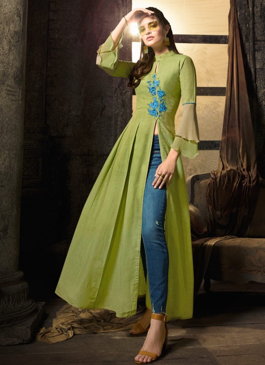 Green Linen Cotton Party Wear Indo Western Kurti Meave 7907 By Maisha  SC/016332 Size XL