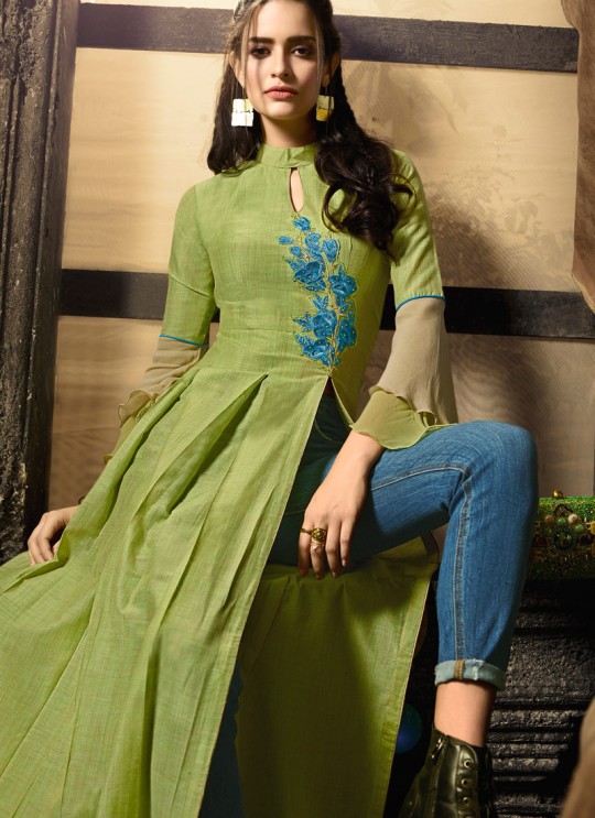 Green Linen Cotton Party Wear Indo Western Kurti Meave 7907 By Maisha  SC/016332 Size XL