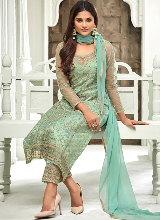 Sea Green Net Straight Cut Suit For Mehndi Ceremony Glamour Vol 63 63006 By Mohini Fashion SC/015063