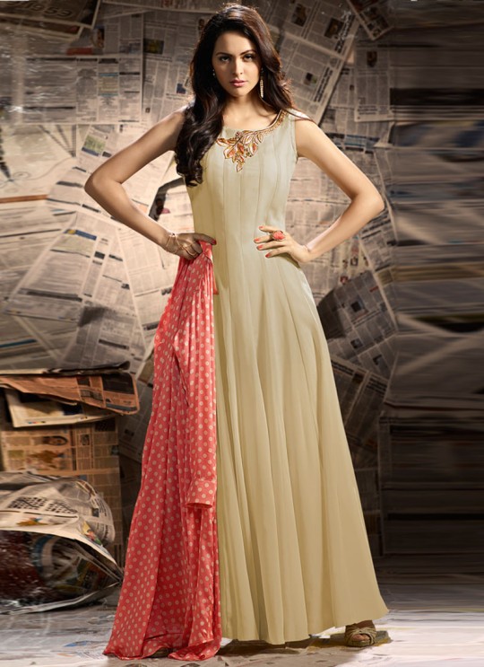 Jennifer Winget Beige Georgette Anarkali Suit Trendy 1105 By Mugdha SC/005953