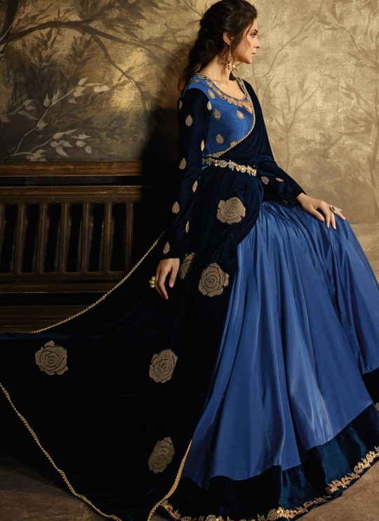 Jennifer Winget Blue Satin Silk Gown Style Anarkali Wedding 11026 By Mugdha SC/013797