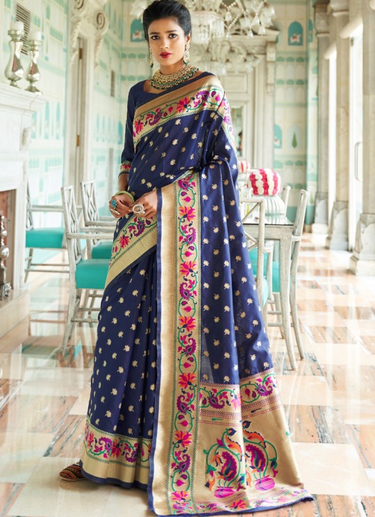 Blue Handloom Silk Wedding Saree Kalanjali Silk 100001 By Rajtex