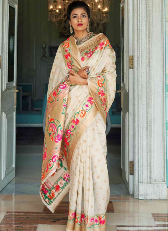 Off White Handloom Silk Wedding Saree Kalanjali Silk 100003 By Rajtex