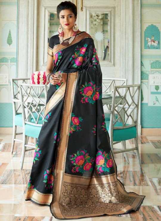 Black Handloom Silk Wedding Saree Kalanjali Silk 100005 By Rajtex