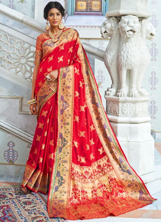 Red Handloom Silk Designer Saree Kohinoor Silk 103005 By Rajtex