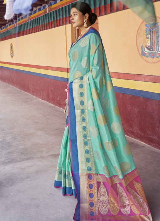 Turquoise Handloom Silk Designer Saree Karuna Silk 109003 By Rajtex