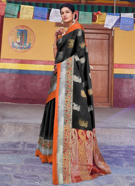 Black Handloom Silk Designer Saree Karuna Silk 109005 By Rajtex