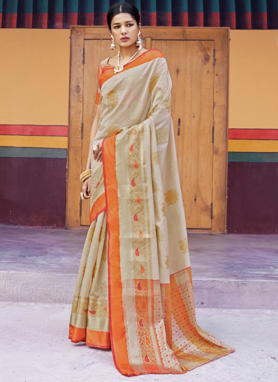 Cream Handloom Silk Designer Saree Karuna Silk 109006 By Rajtex