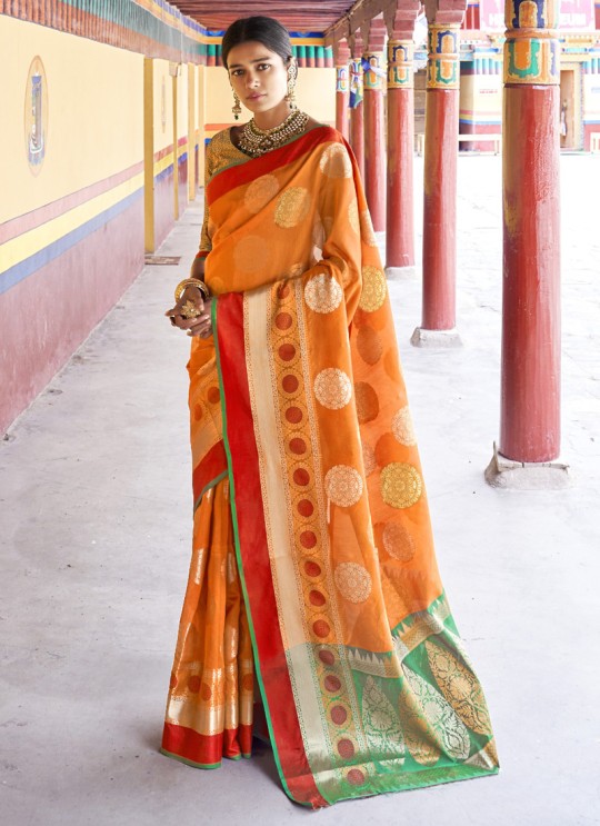 Orange Handloom Silk Designer Saree Karuna Silk 109008 By Rajtex