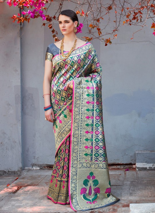 Grey Handloom Silk Wedding Saree Kilfi 86001 By Rajtex