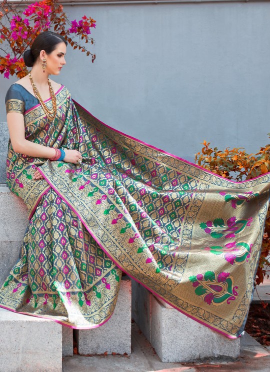 Grey Handloom Silk Wedding Saree Kilfi 86001 By Rajtex