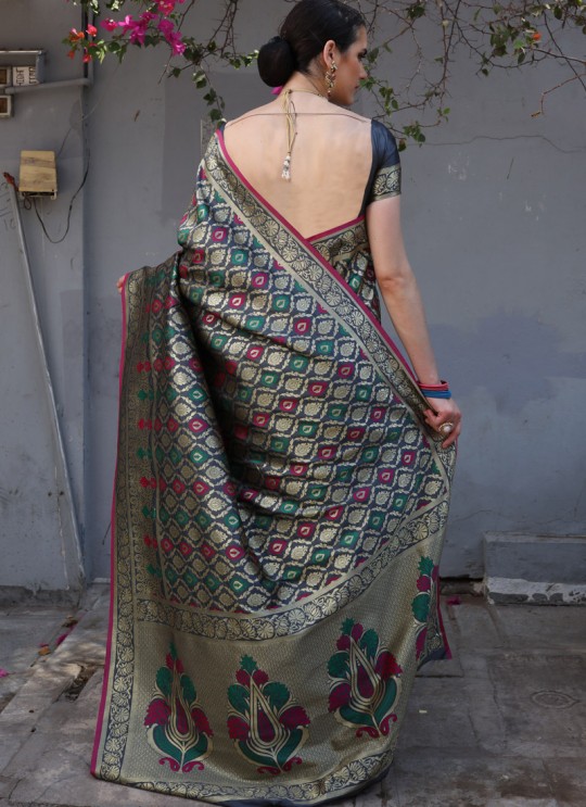 Grey Handloom Silk Wedding Saree Kilfi 86001 By Rajtex