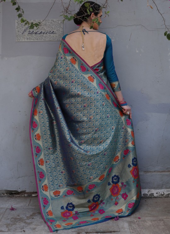 Blue Handloom Silk Wedding Saree Kilfi 86003 By Rajtex