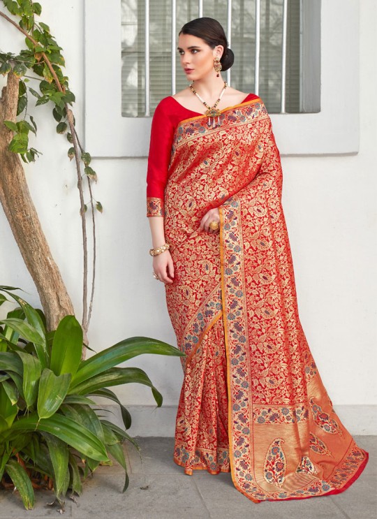 Red Handloom Silk Wedding Saree Kilfi 86006 By Rajtex