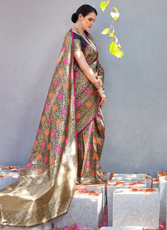 Black Handloom Silk Wedding Saree Kilfi 86007 By Rajtex